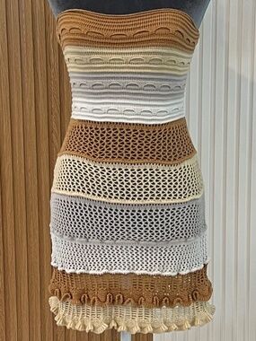 Soft Crochet Strapless Mini Dress Neutral Boho Beach Cover Up Bodycon